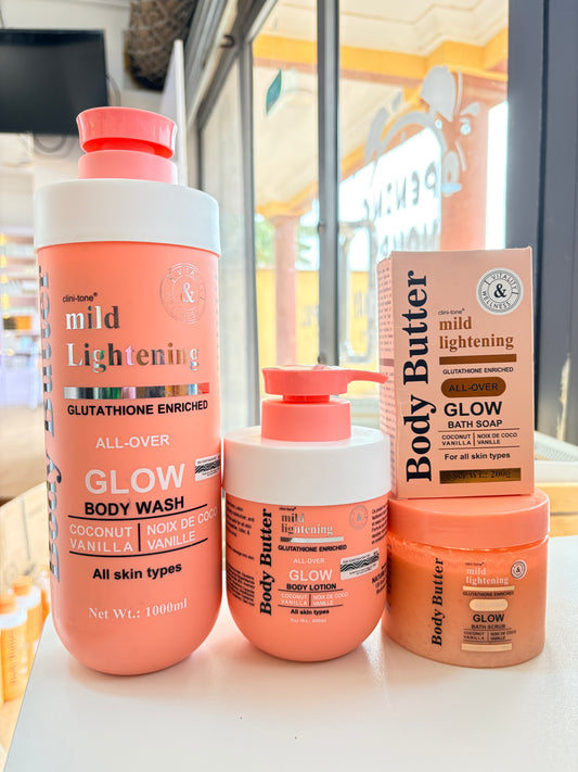 CLINITONE MILD LIGHTENING GLOW SET (LOTION ,BODYWASH ,BATH SOAP ,BODY SCRUB)